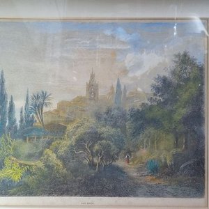 Lote siguiente: grabado enmarcado y coloreado a mano de la ciudad italiana de San Remo - 39x31
