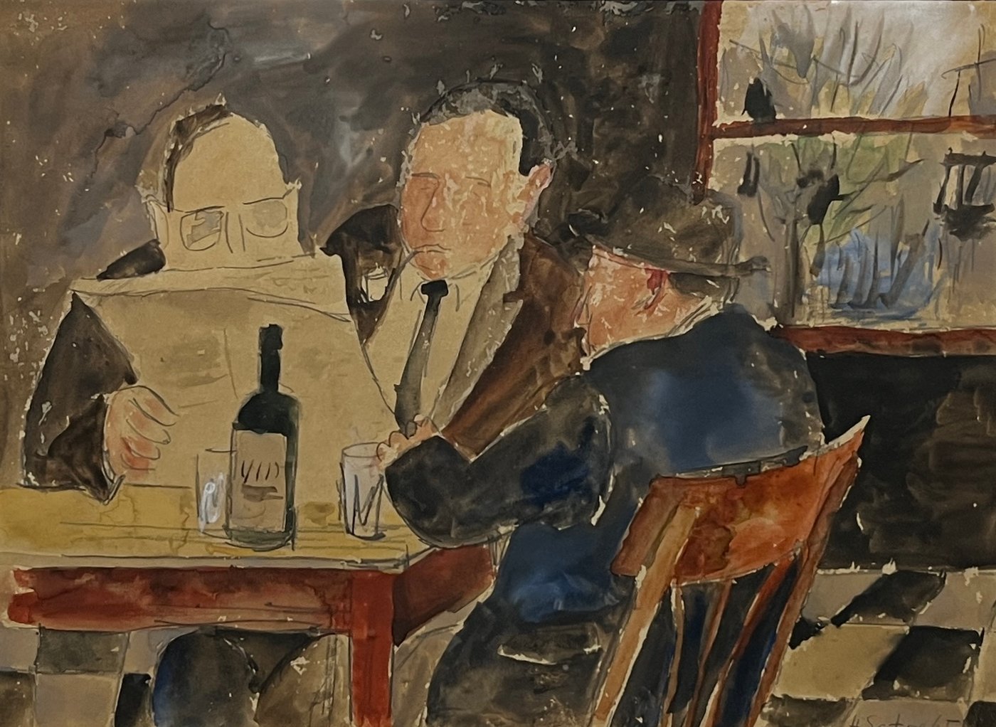 Acuarela "En el bar" de Hugo Sartore, 28 x 38 cm