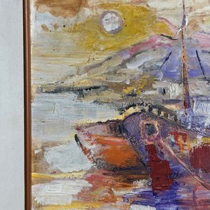 Óleo "Barco en Puerto" de Corina Catarivas, 26x21cm - imagen 2