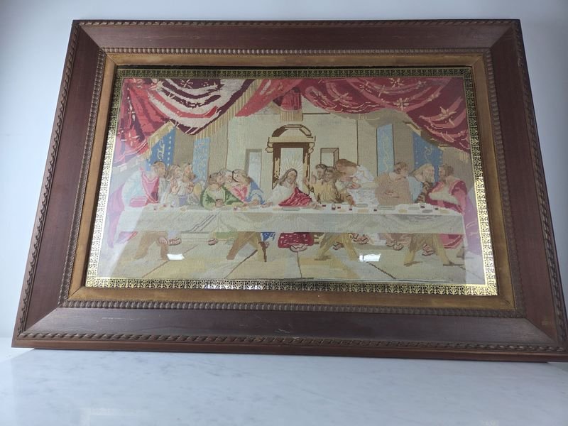 Antiguo telar con la Última Cena en marco de pinotéa - imagen 8