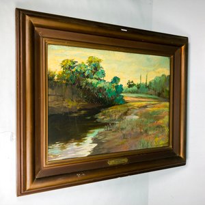 Cuadro al Óleo "Campo y Lago" con Marco de Madera - Firmado - imagen 2