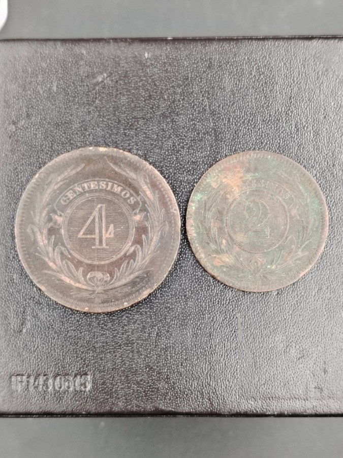 Dos Monedas Uruguay: 2 y 4 Centésimos, 1869