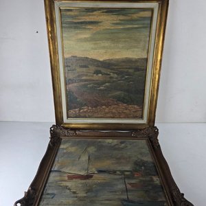 Lote siguiente: Dos Antiguos Óleos Firmados: Paisaje Rural y Escena Náutica