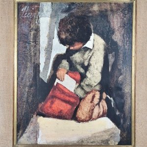 Ángel Tejera: Niño con mochila, acrílico sobre fibra, marco dorado - imagen 3