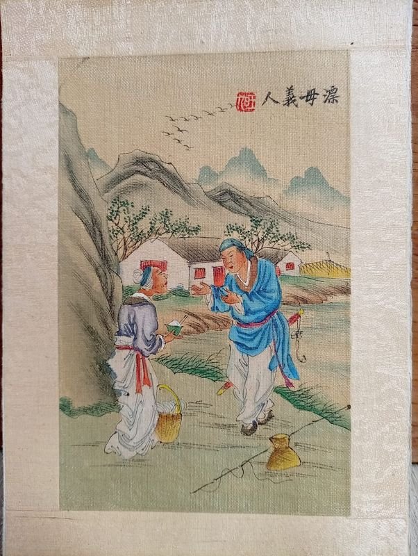 Pintura China Tradicional Original "Guóhuà" sobre Seda, Escena Histórica Firmada Baiwen