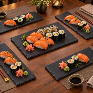 Lote siguiente: Juego de Vajilla para Sushi: 5 Platos de Pizarra Negra y 10 Palillos Metálicos Reutilizables