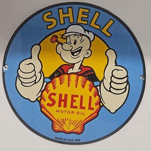 Lote siguiente: Chapa Esmaltada "Shell Motor Oil" con Popeye