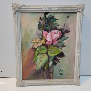 3 Cuadros al Óleo: Silueta Urbana, Paisaje Otoñal y Rosa Firmados - imagen 8