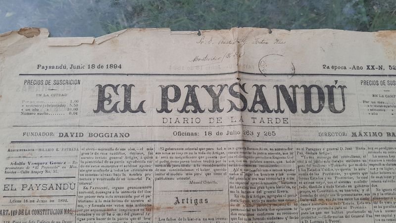 Diario "El Paysandú" del 18 de Julio de 1894: Contenido sobre Artigas y comentario inédito de su hija