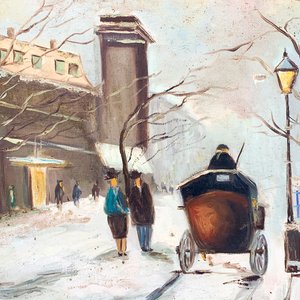 Cuadro al óleo sobre tela: Paisaje invernal de París con carruaje, firmado "Cante" - imagen 2