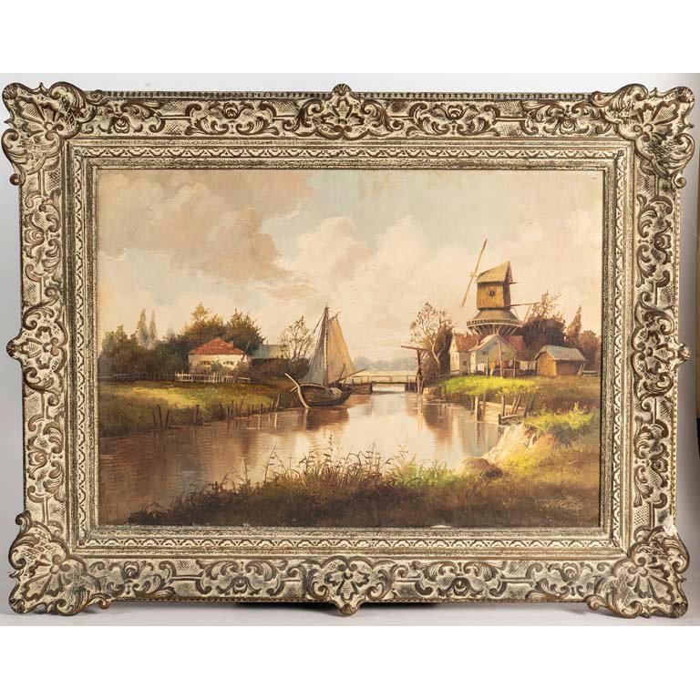 Lote siguiente: Pintura al óleo de paisaje con lago y barca