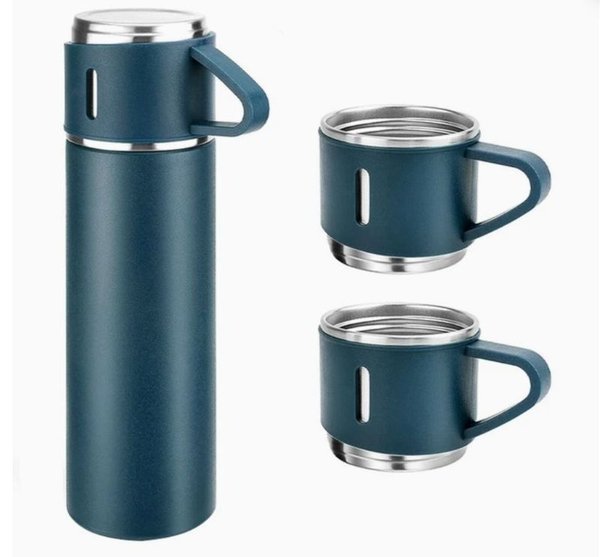 Set Termo Frío Calor 500ml con 3 Tazas Acero Inoxidable Azul