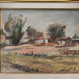 Óleo sobre lienzo "Paisaje Rural" firmado Dante Cola, con marco dorado - imagen 3