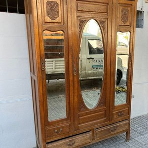 Ropero Antiguo de Roble con 3 Puertas, Espejo Biselado y 4 Cajones - imagen 13