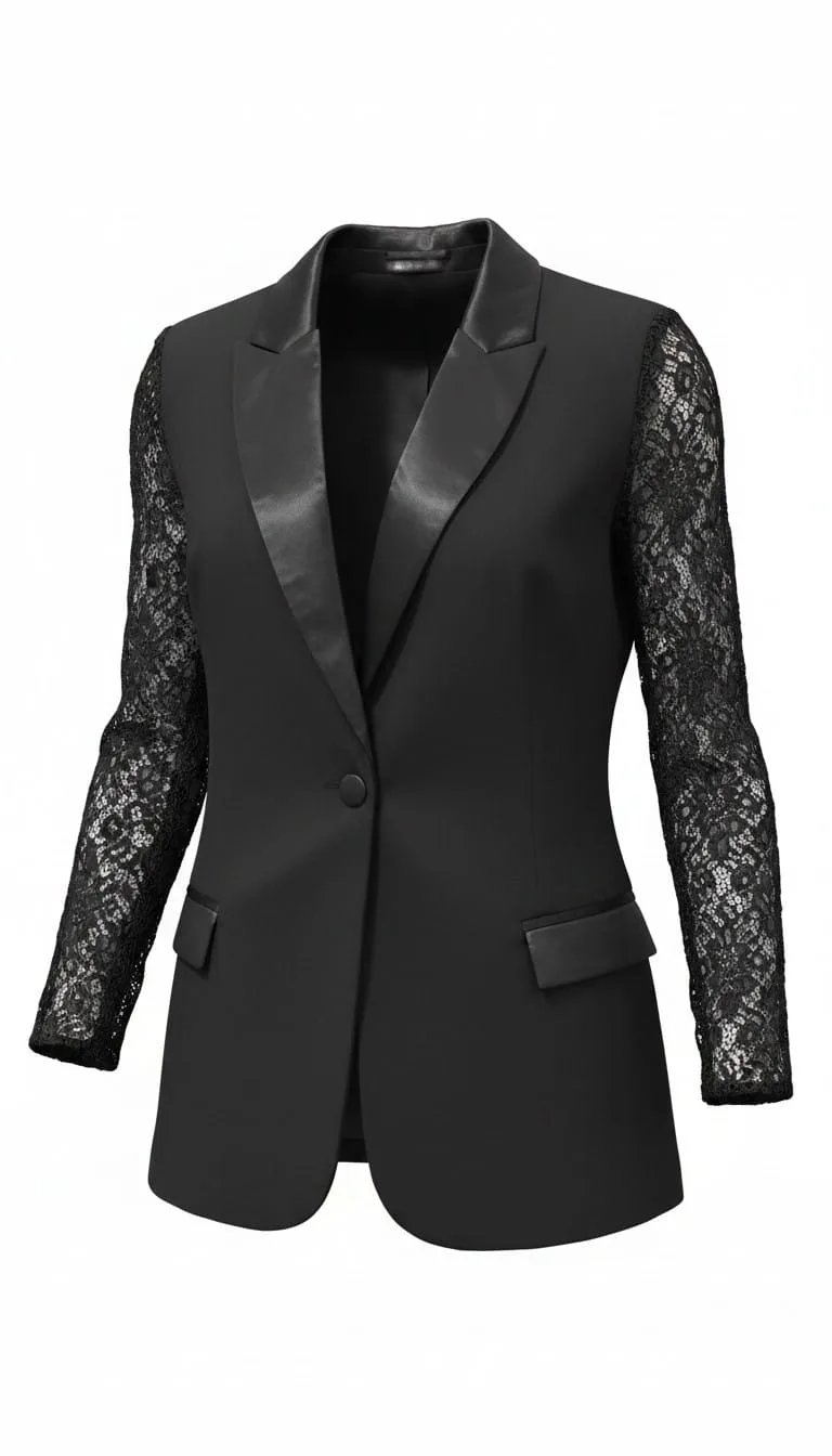 Blazer Negro Mujer con Mangas de Encaje Floral - Talle 1