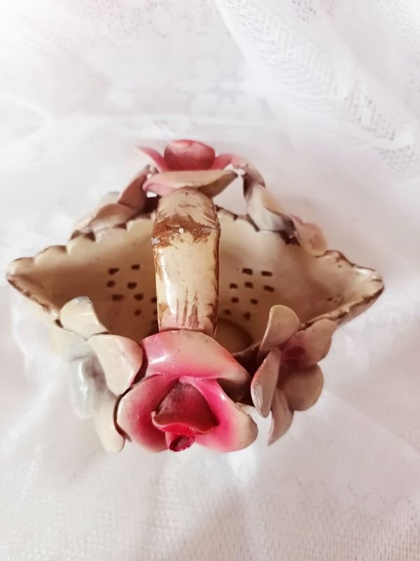Cesta de flores de cerámica vintage, adorno floral esmaltado - imagen 5
