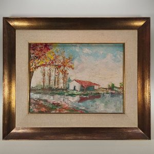 Oleo "Casa junto al lago" firmado S. G. Centurión, marco dorado - imagen 1
