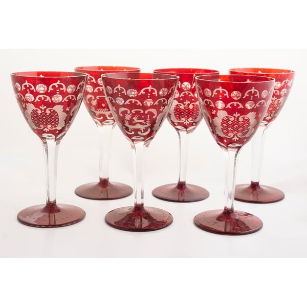 6 Copas Altas Cristal Bohemia Talladas Bordo con Detalles Plateados - imagen 1