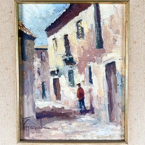 Cuadro al óleo anónimo: Escena de ciudad con figura humana, 22x17 cm - imagen 2