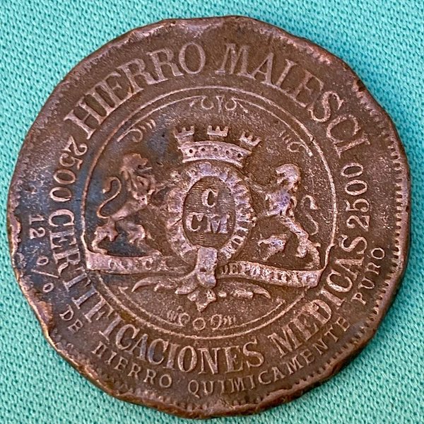 Medalla de cobre con publicidad del remedio Hierro Malesci - imagen 1