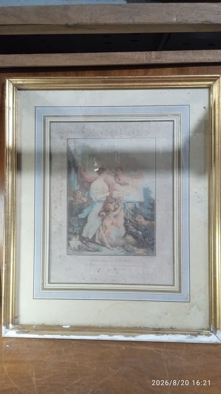 grabado o estampa de estilo clásico rococó, que parece titularse "Offrande à l'Hymen" (Ofrenda a Himeneo) -40x48