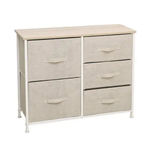 Mueble Organizador con 5 Cestos de Tela y Estructura de Acero Beige