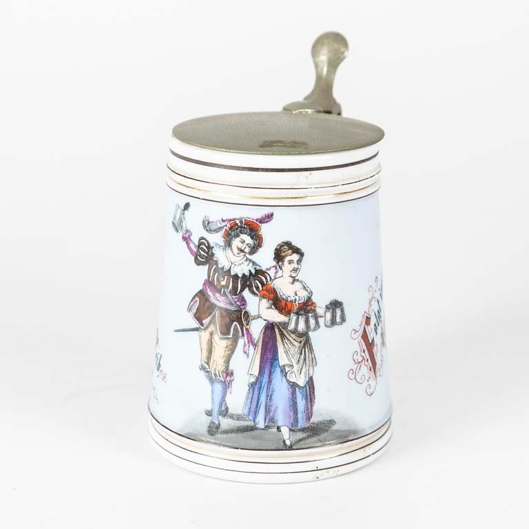 Jarra de porcelana alemana con escena y tapa de porcelana - imagen 1