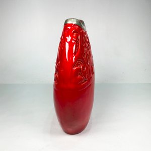 Centro de Cerámica Rojo con Borde de Peltre Labrado - imagen 3