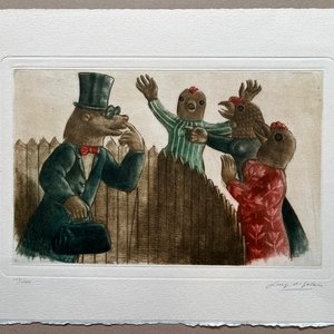 Grabado "La comadreja y las gallinas" de Luis Alberto Solari (155/200) - imagen 2
