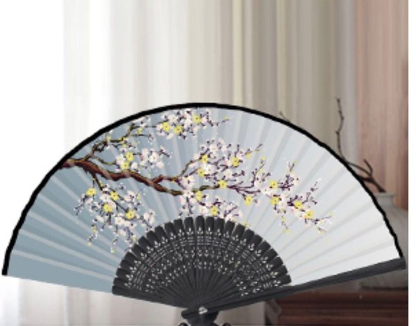 Abanico Estilo Oriental con Flores de Cerezo - Nuevo Sin Uso