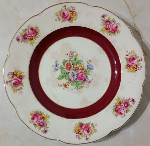 Plato Antiguo Loza Inglesa Woods Ivory Ware Flores Borde Borgoña