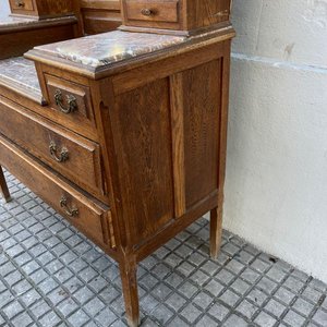 Tocador Antiguo de Roble con 3 Espejos y Tapa de Mármol - imagen 7