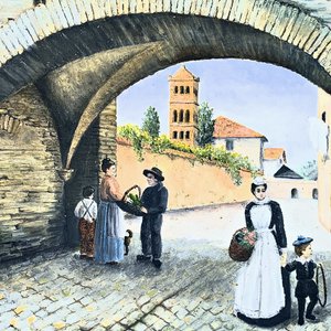Cuadro Óleo sobre Tela: Pueblo Antiguo con Personajes, Firmado S. Pilotto Vola - imagen 2