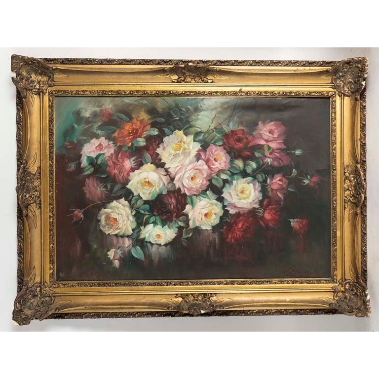 Pintura de flores en un marco con detalles