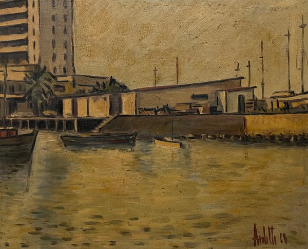 Oleo "Muelle" de José Arditti, 48 x 60 cm, Firmado y Fechado 1968 - imagen 1