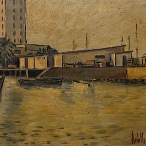 Oleo "Muelle" de José Arditti, 48 x 60 cm, Firmado y Fechado 1968 - imagen 1