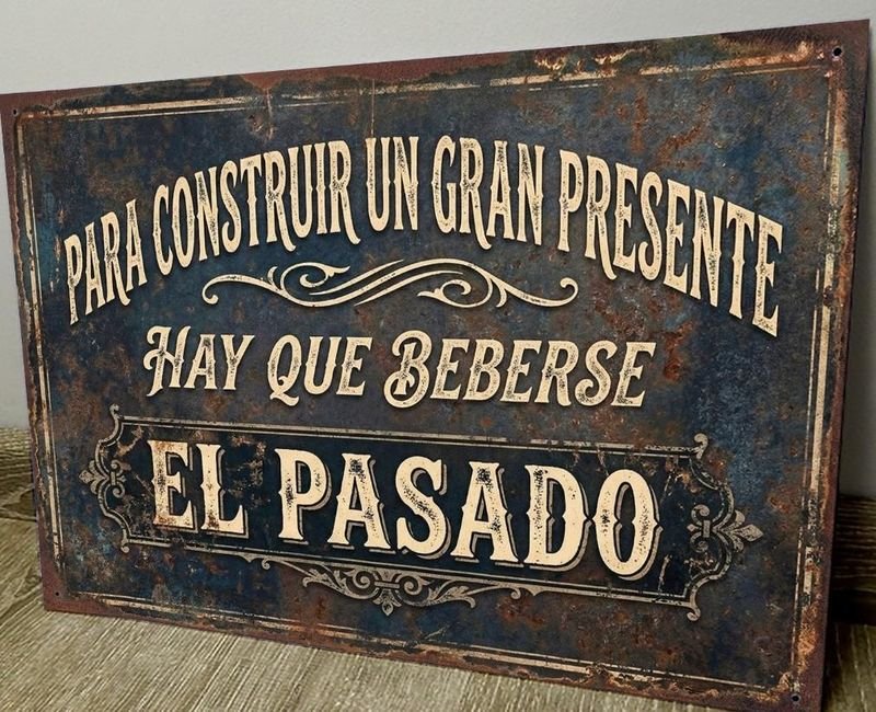 Cartel Decorativo "Para Construir Un Gran Presente Hay Que Beberse El Pasado" Chapa 28x19 cm