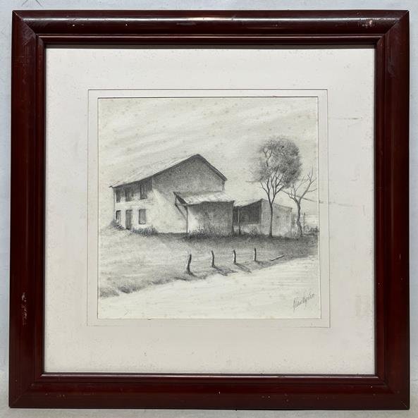 Dibujo a Lápiz "Casas" con Firma Ilegible - 29 x 29 cm - imagen 1