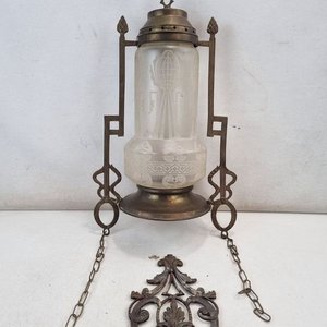 Antiguo Farol de Techo Colonial con Globo de Vidrio Grabado y Metal - imagen 2