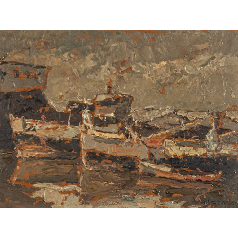 Pintura de Bruno Widmann: Puerto, Óleo sobre cartón