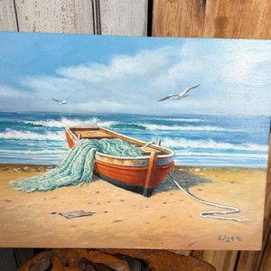 Eduardo Díaz Bote: Óleo sobre cartón de bote pesquero en la playa, 40x30cm - imagen 2