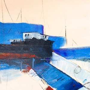 Cuadro Óleo sobre Tela: Marina con Puerto y Barcas, Firmado L. Márquez Buzis - imagen 2