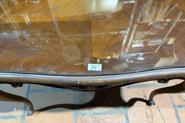 Mesa Ratona Antigua con Marqueterie y Vidrio Biselado