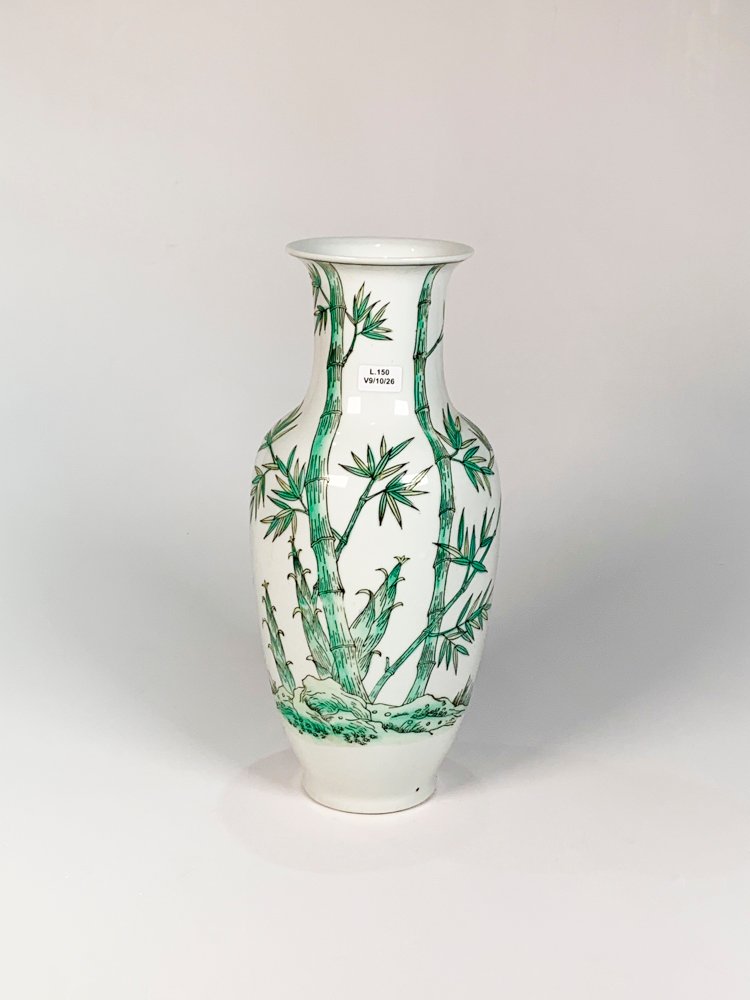 Florero de Porcelana Blanca con Decoración de Bambú - 36 cm