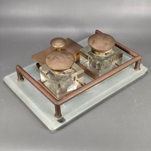 Juego de Tintero Antiguo Vidrio y Bronce con Secante - imagen 7