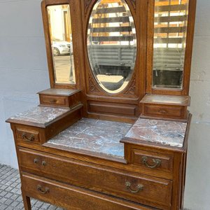 Tocador Antiguo de Roble con 3 Espejos y Tapa de Mármol - imagen 16