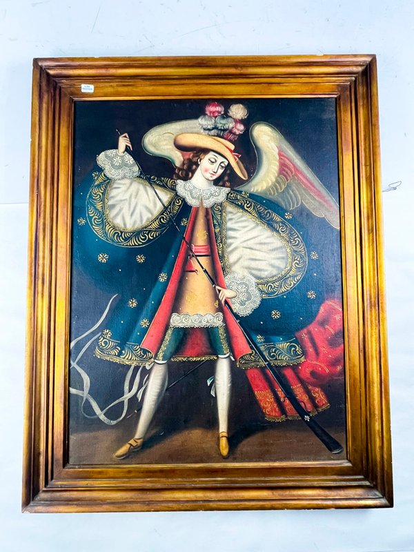 Cuadro al Óleo sobre Tela: Ángel con Lanza y Bastón, 77 x 58 cm