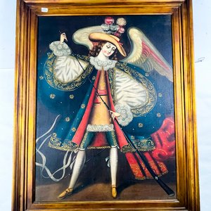 Lote siguiente: Cuadro al Óleo sobre Tela: Ángel con Lanza y Bastón, 77 x 58 cm