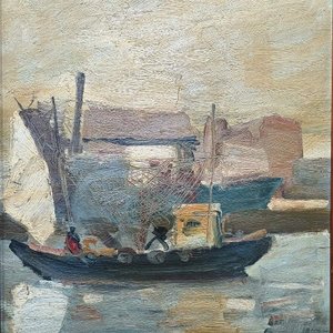 Óleo "Barca" de Hugo Nantes, Marco Dorado con Aplique de Luz - imagen 4