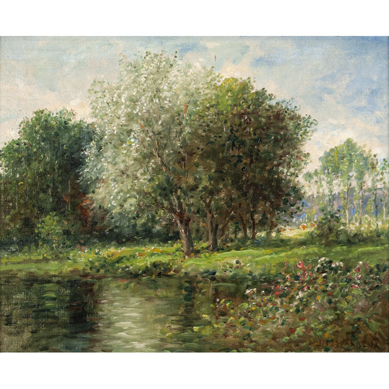 Pintura paisajística de J.Desvarleux: Lago y montañas